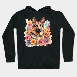 A german shepherd decorated with beautiful watercolor flowers Hoodie